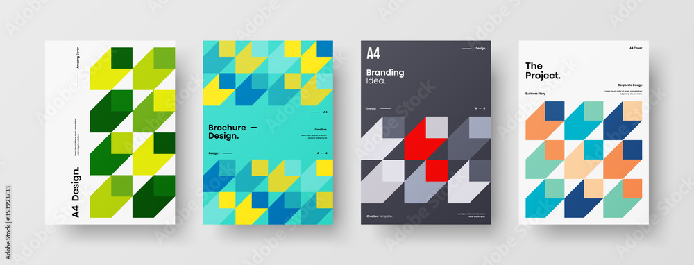 Company identity brochure template collection. Business presentation vector A4 vertical orientation front page mock up set. Corporate report cover abstract geometric illustration design layout bundle. Company identity brochure template collection. Business presentation vector A4 vertical orientation front page mock up set. Corporate report cover abstract geometric illustration design layout bundle.