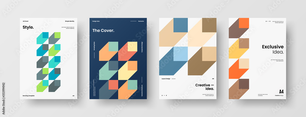 Fototapeta premium Company identity brochure template collection. Business presentation vector A4 vertical orientation front page mock up set. Corporate report cover abstract geometric illustration design layout bundle.