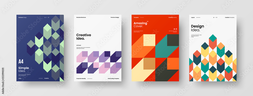 Company identity brochure template collection. Business presentation vector A4 vertical orientation front page mock up set. Corporate report cover abstract geometric illustration design layout bundle.