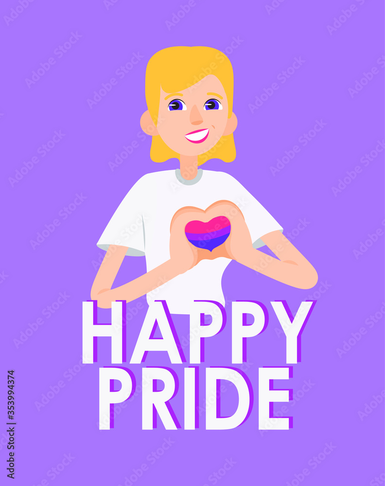 Bisexual girl makes heart with hands into heart bisexual flag. Flat vector happy pride illustration, banner, poster, card Bisexual girl makes heart with hands into heart bisexual flag. Flat vector happy pride illustration, banner, poster, card