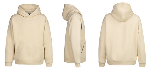 Beige hoodie template. Hoodie sweatshirt long sleeve with clipping path, hoody for design mockup for print, isolated on white background.
