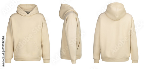 Beige hoodie template. Hoodie sweatshirt long sleeve with clipping path, hoody for design mockup for print, isolated on white background.