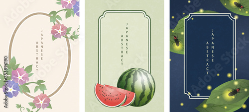 Oriental Japanese style abstract pattern background frame design summer nature objects morning glory flower watermelon and glowworm firefly