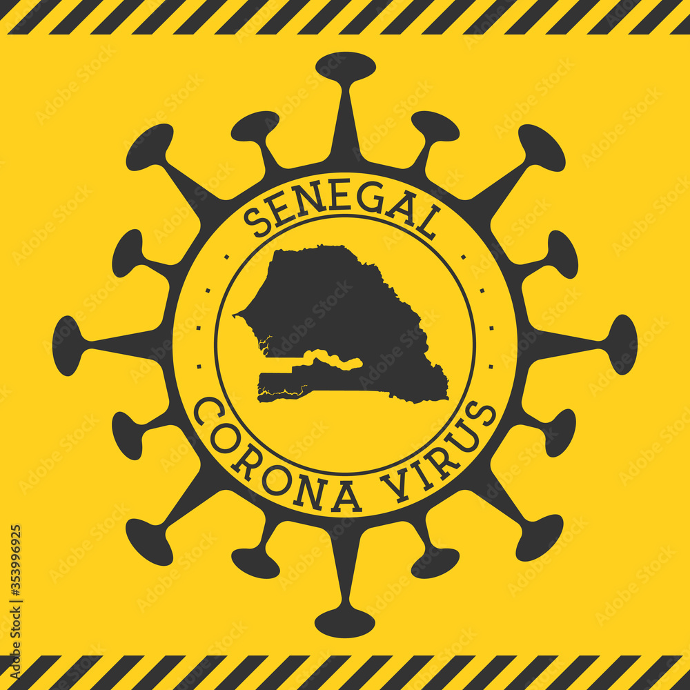 Corona virus in Senegal sign. Round badge with shape of virus and Senegal map. Yellow country epidemy lock down stamp. Vector illustration.