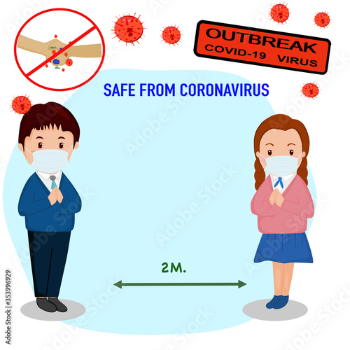 Time to open school children go to school and greeting by namaste or Thai wai (sawasdee) wearing mask and stay keep social distancing for safe from coronavirus.vector illustration 
