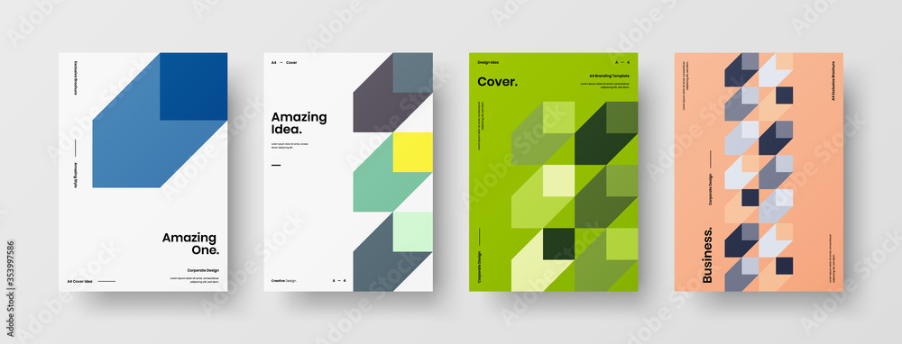 Naklejka premium Company identity brochure template collection. Business presentation vector A4 vertical orientation front page mock up set. Corporate report cover abstract geometric illustration design layout bundle.