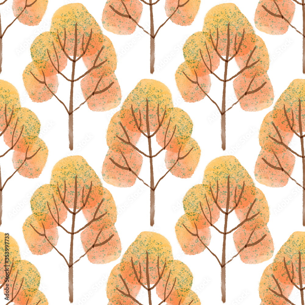 Fototapeta premium Watercolor autumn yellow trees seamless pattern on white