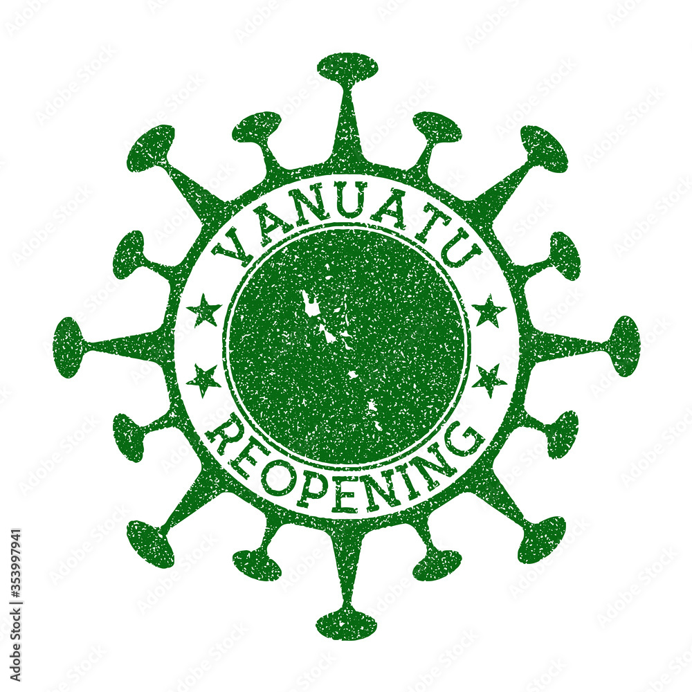 Vanuatu Reopening Stamp. Green round badge of country with map of Vanuatu. Country opening after lockdown. Vector illustration.