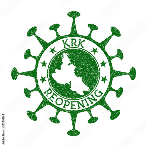Krk Reopening Stamp. Green round badge of island with map of Krk. Island opening after lockdown. Vector illustration.