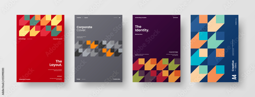 Fototapeta premium Company identity brochure template collection. Business presentation vector A4 vertical orientation front page mock up set. Corporate report cover abstract geometric illustration design layout bundle.