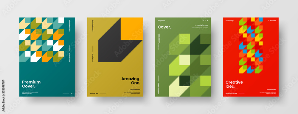 Company identity brochure template collection. Business presentation vector A4 vertical orientation front page mock up set. Corporate report cover abstract geometric illustration design layout bundle.