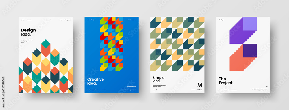 Company identity brochure template collection. Business presentation vector A4 vertical orientation front page mock up set. Corporate report cover abstract geometric illustration design layout bundle. Company identity brochure template collection. Business presentation vector A4 vertical orientation front page mock up set. Corporate report cover abstract geometric illustration design layout bundle.