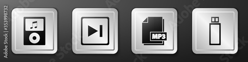 Set Music player, Fast forward, MP3 file document and USB flash drive icon. Silver square button. Vector.