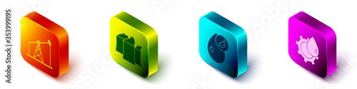 Set Isometric Oil pump or pump jack, Oil industrial factory building, Bio fuel and Oil industrial factory building icon. Vector.