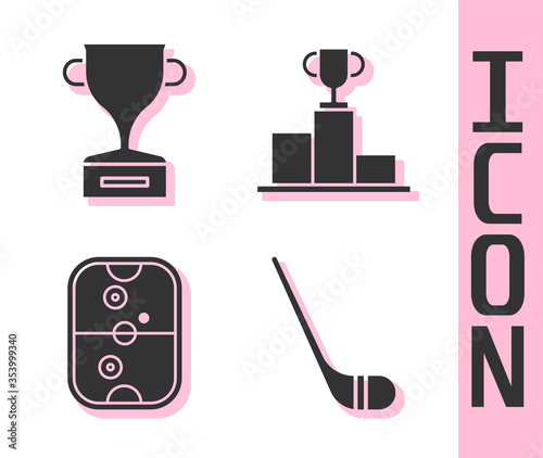 Set Ice hockey stick, Award cup, Air hockey table and Hockey over sports winner podium icon. Vector.