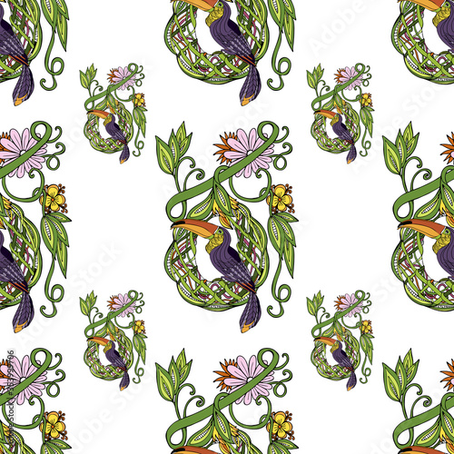 Toucan and tropical creeper seamless pattern. Exotic tropical flowers and birds.