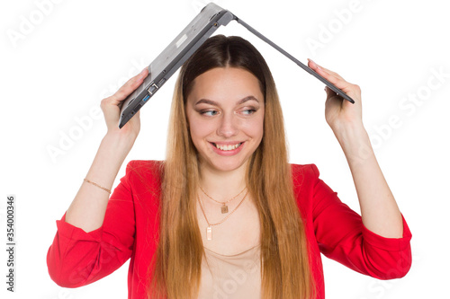 A young business woman against a white background isolated