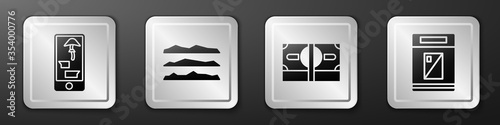 Set Buying drugs online on phone, Cocaine or heroin drug, Stacks paper money cash and Cigarettes pack box icon. Silver square button. Vector.