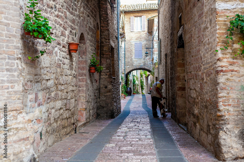 Stretta strada dell'antico borgo di Assisi, Umbria, Italia
