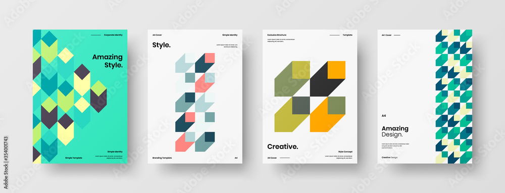 Fototapeta premium Company identity brochure template collection. Business presentation vector A4 vertical orientation front page mock up set. Corporate report cover abstract geometric illustration design layout bundle.