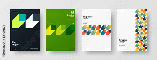 Company identity brochure template collection. Business presentation vector A4 vertical orientation front page mock up set. Corporate report cover abstract geometric illustration design layout bundle.