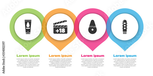 Set Personal lubricant, Movie clapper with 18 plus content, Dildo vibrator and Dildo vibrator. Business infographic template. Vector.
