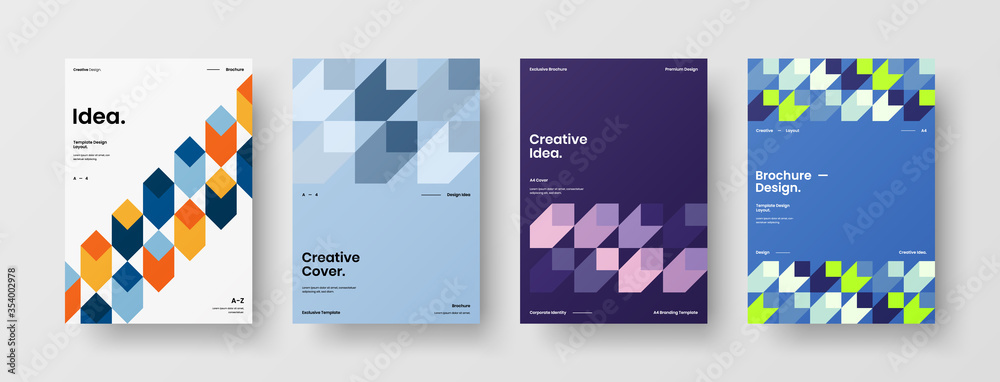 Company identity brochure template collection. Business presentation vector A4 vertical orientation front page mock up set. Corporate report cover abstract geometric illustration design layout bundle.