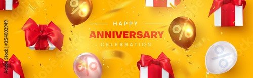 Anniversary celebration, poster with gifts and balloons. Holiday discount or sale, yellow background, Vector illustration