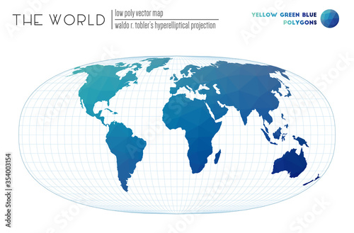 Low poly design of the world. Waldo R. Tobler's hyperelliptical projection of the world. Yellow Green Blue colored polygons. Neat vector illustration.
