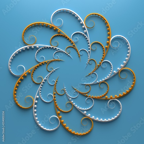 3d render of floral composition. Repeat of curl elements with spheres. Beautiful decorative art.