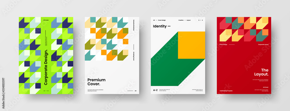 Fototapeta premium Company identity brochure template collection. Business presentation vector A4 vertical orientation front page mock up set. Corporate report cover abstract geometric illustration design layout bundle.