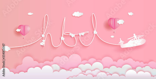 Lettering happy birth day with balloons on pink background and cloud.