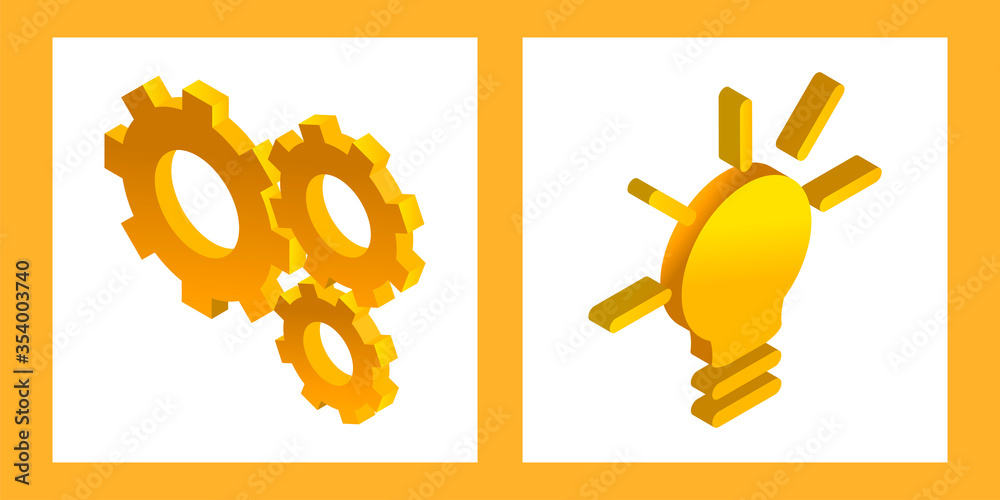 set of two illustrations with gears and light bulb in perspective. isometric style. concept idea set of two illustrations with gears and light bulb in perspective. isometric style. concept idea