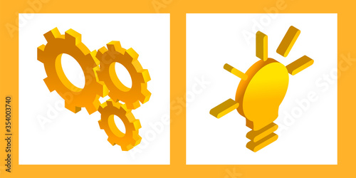 set of two illustrations with gears and light bulb in perspective. isometric style. concept idea