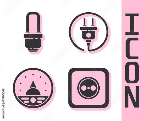 Set Electrical outlet, LED light bulb, Ampere meter, multimeter, voltmeter and Electric plug icon. Vector.