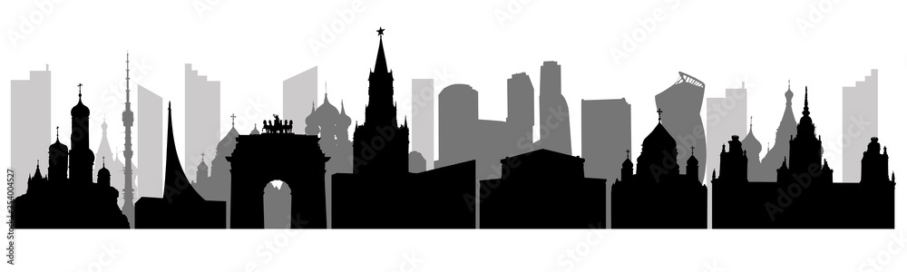 Panorama of Moscow city, silhouettes. Urban famous buildings. Vector illustration.