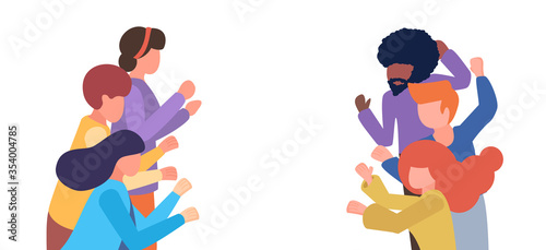 Group of people applaud. Men and women show applause. Vector flat cartoon illustration with copy space for text. Friends express gratitude and encouragement, love. People no face applaud, sympathize.