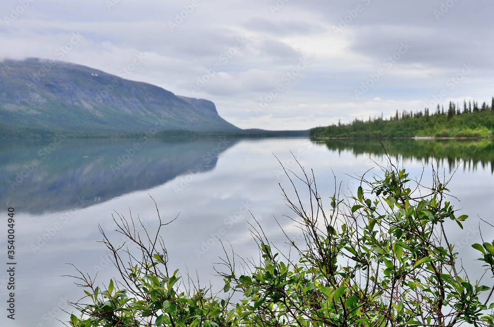 Fototapeta premium Kola Peninsula, Lovozero tundras, Seydozero in cloudy summer day
