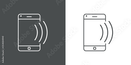 Símbolo conexión inalámbrica. Icono plano lineal con teléfono inteligente con ondas en fondo gris y fondo blanco