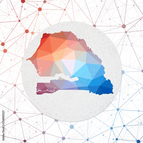Abstract vector map of Senegal. Technology in the country geometric style poster. Polygonal Senegal map on 3d triangular mesh background. EPS10 Vector.