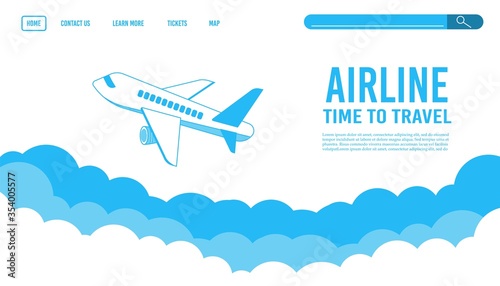 Airplane ticket template or landing page design, banner with flying airliner in sky
