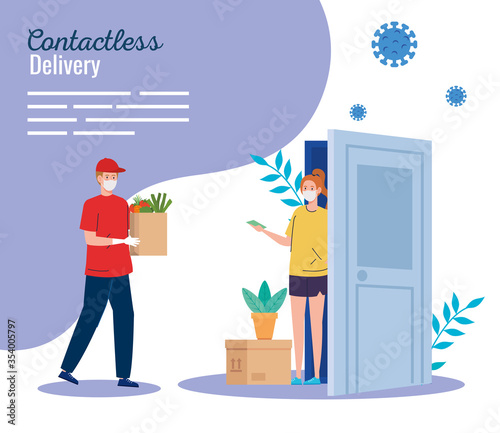 safe contactless delivery courier to home by covid 19 vector illustration design