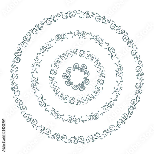 Vector set of round nature frames, doodle style. Illustration of cute ornate elements for design. Boho style art, perfect for prints, posters