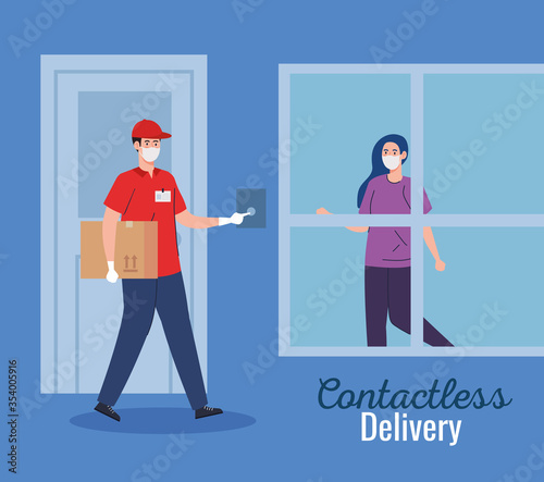 safe contactless delivery courier to home by covid 19 vector illustration design