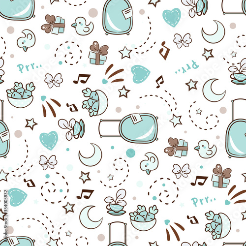 Vector cartoon seamless pattern, background, texture in simple style. Kawaii sweet elements: yellow duck, hearts, carrots, plates, plants in teacup, ribbon, bows, shooting stars, moon. Blue, grey 