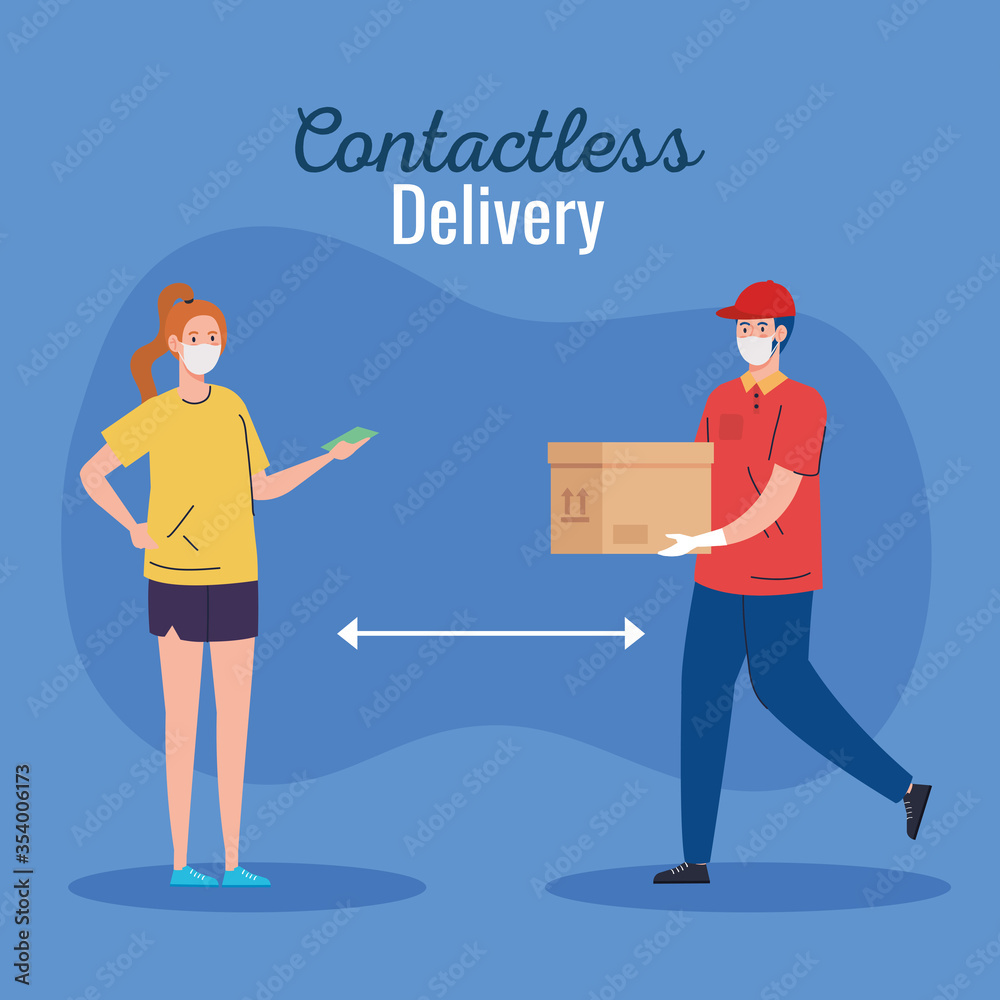 Obraz premium safe contactless delivery courier to house by covid 19 vector illustration design