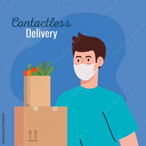 safe contactless delivery courier by covid 19, man with packages vector illustration design