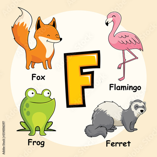 Cute Animals Alphabet Letter F for Fox Flamingo Frog Ferret