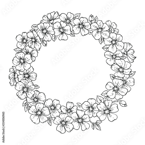 hand drawn floral wreath, black and white vector frame made of flowers