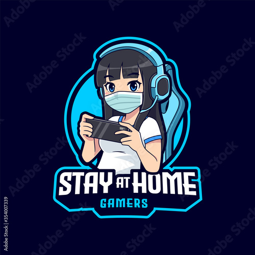 Cute Gamer girl stay at home esport logo